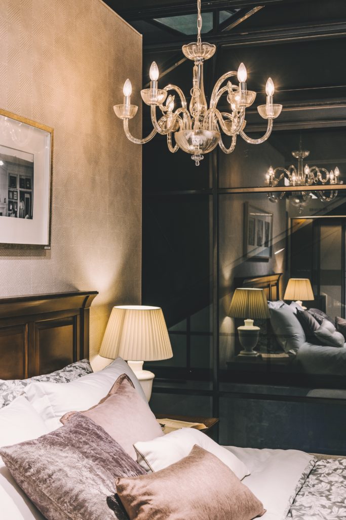 Dark bedroom with glass wall